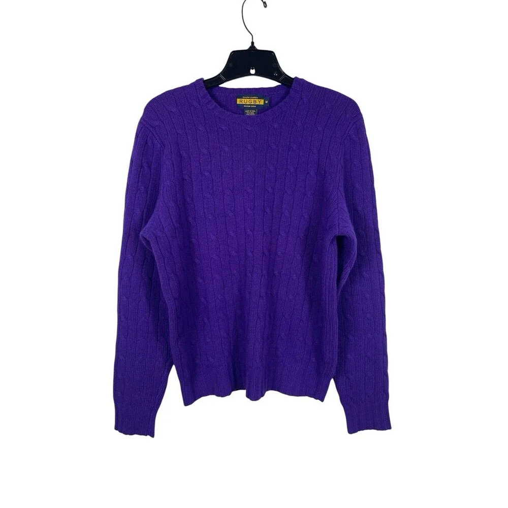 Ralph Lauren Rugby M Purple Cable Knit Sweater Wool Angora Cashmere Blend